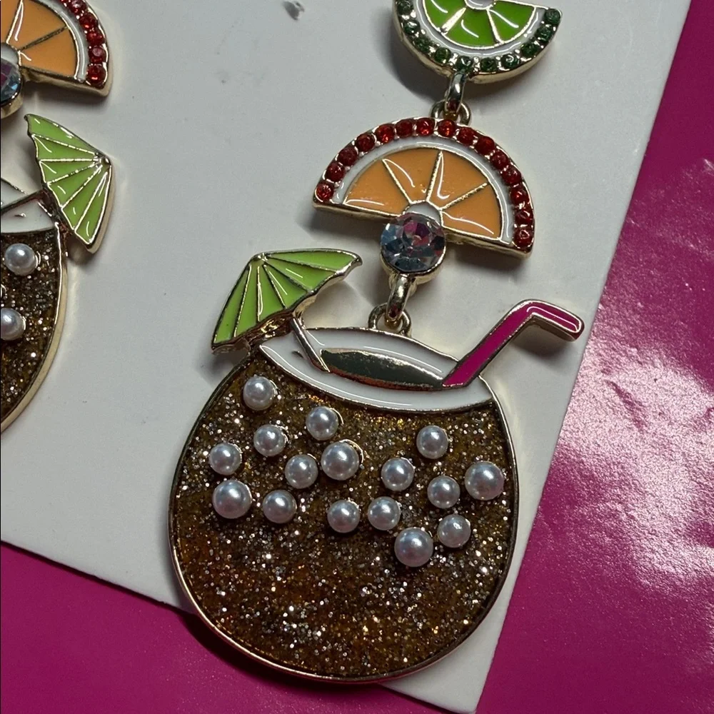Whimsical Fruit Cocktail Coconut Drink Dangle Earrings Fun Summer Beach Vacation
